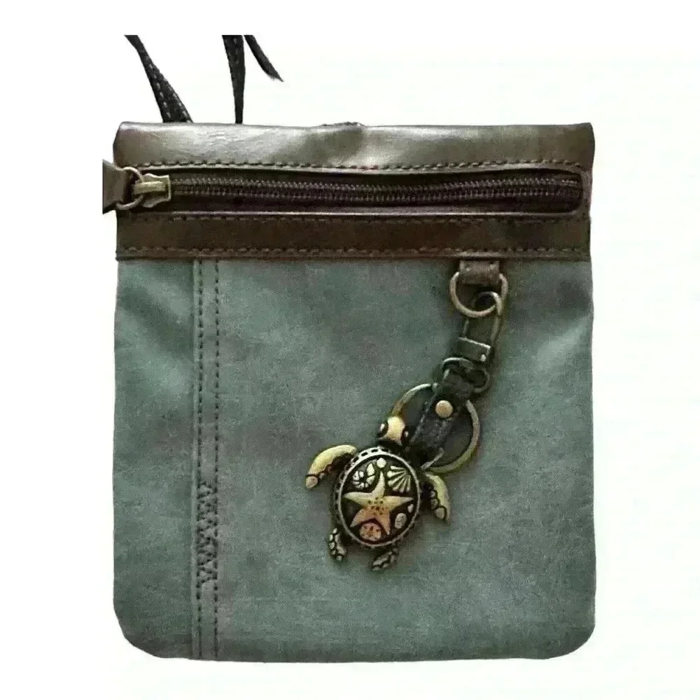 Chala Blue & Brown Vegan Leather Crossbody Bag with Sea Turtle Key Chain - Picture 3 of 9